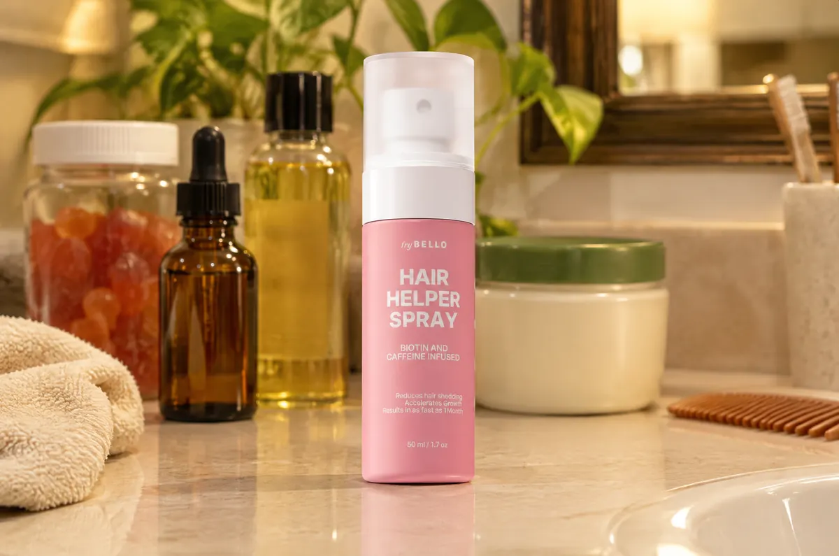 Bathroom counter with gummies, oils and serums pushed aside behind a bottle of Hair Helper