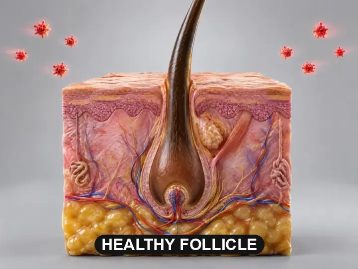 3D cross-section: DHT wraps around a hair follicle and squeezes it until it can only grow a thin, wispy hair