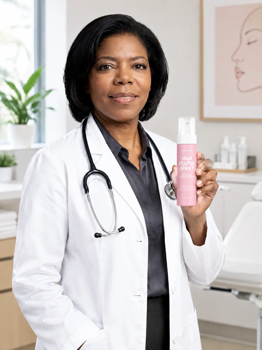 Dr. Yolanda Holmes, MD, board-certified dermatologist, holding Hair Helper Spray