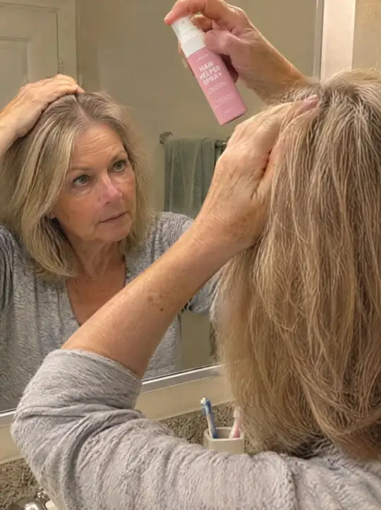 A woman in her 60s spraying Hair Helper straight onto her part, then massaging it in